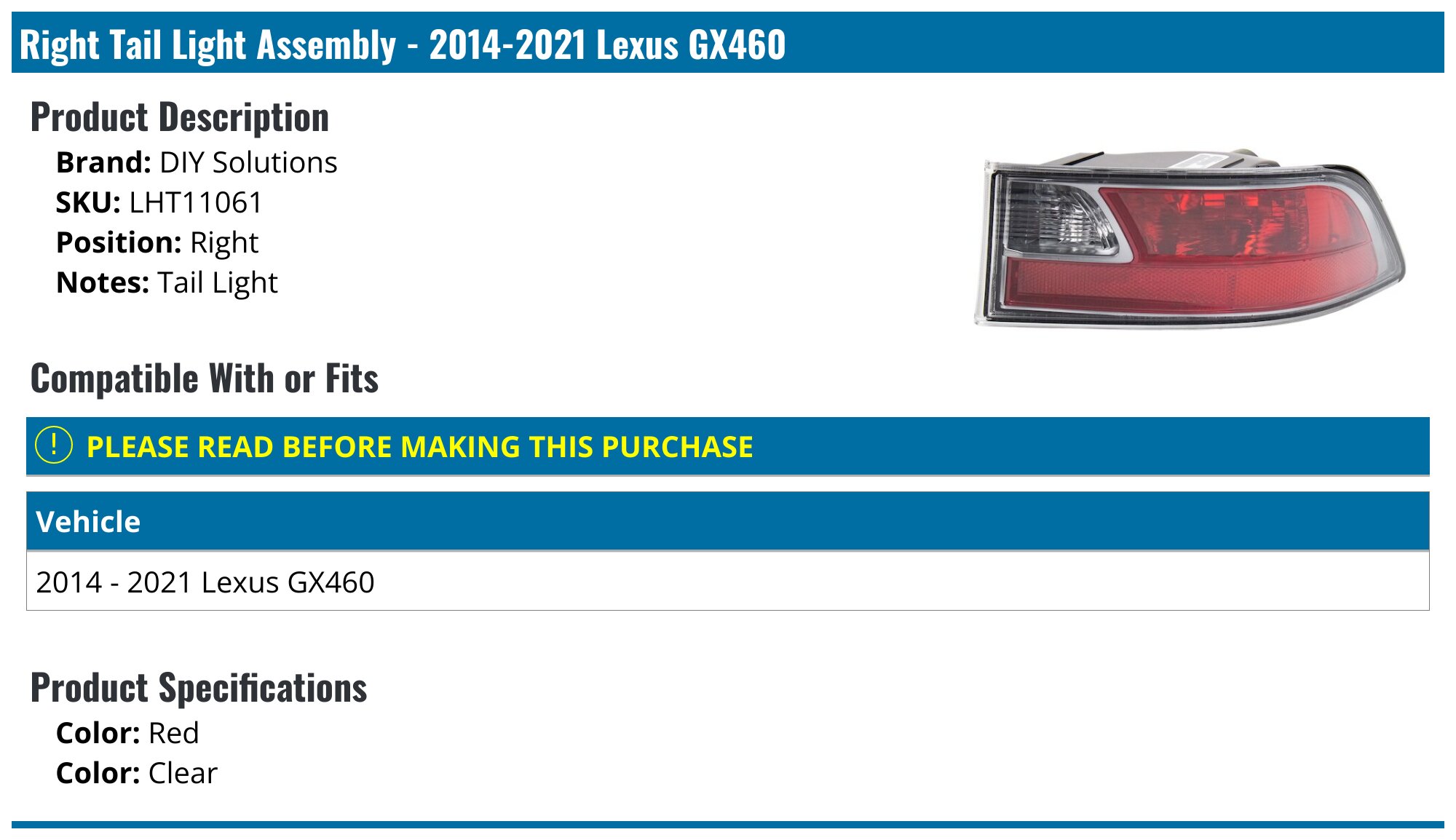 2022 Lexus GX 460 Tail Light Assembly LH